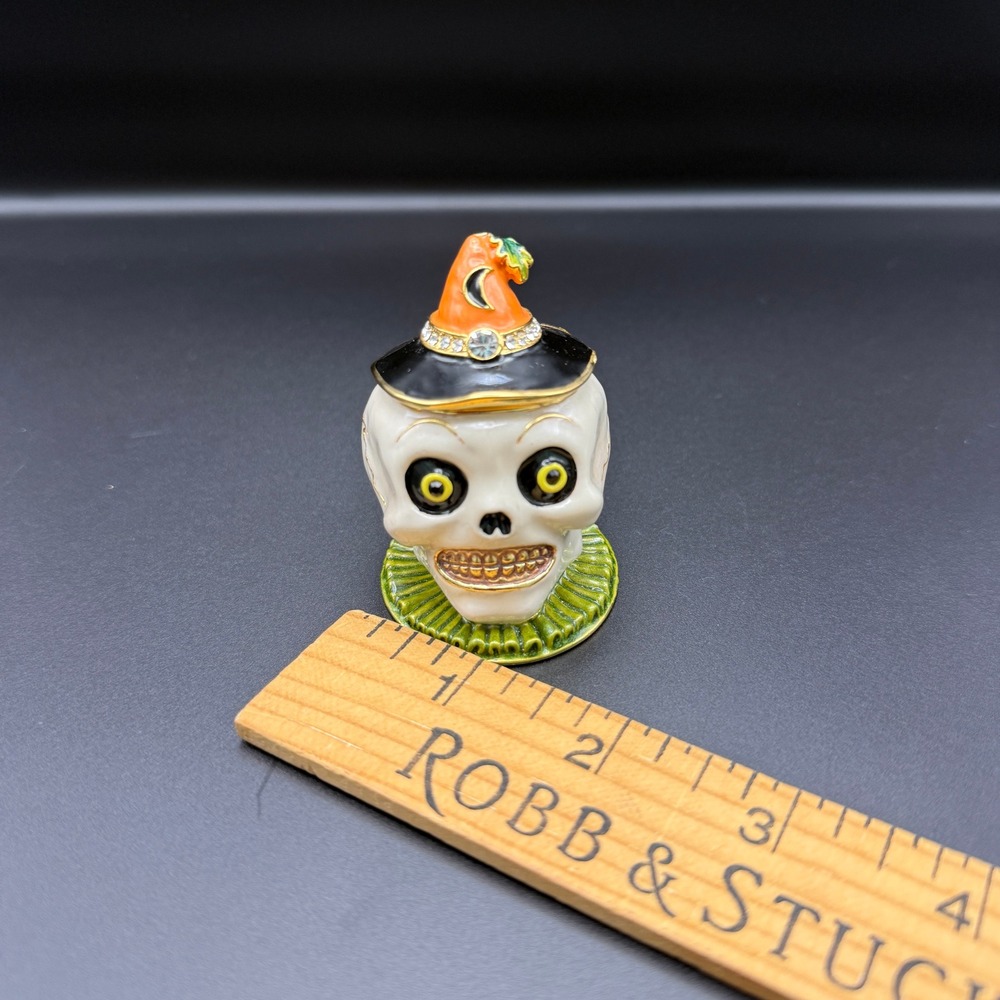 Halloween Skull Witch Hat Enamel Trinket Box Crystal Accents Hinged Collectible - Picture 7 of 7